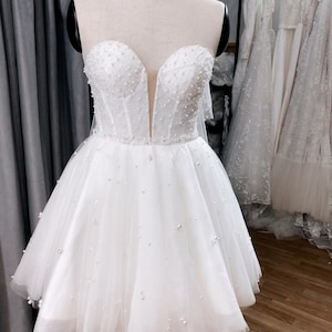 Sparkle mini wedding dress - Bridal short dreess with corset bodice - Pearl A-line short wedding dress for elopement, reception - (EDEN)