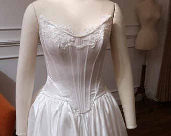 Vintage Corset Silk Wedding Dress with Basque Waistline & Detachable Off Shoulder Neck - Elegant Bridal Gown | EMI