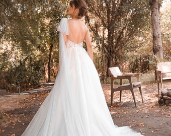 One-shoulder Flowy A-line Wedding Dress With Draping Bodice, Beaded  Embroidery, Shoulder Tulle Bow / Romantic Bridal Style - (ANONA)