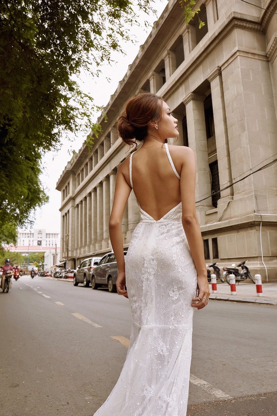 slim fit dress slacks Ivory Halter Wedding Dress with Open Back & High Slit – MN162 – Viniodress main image 1