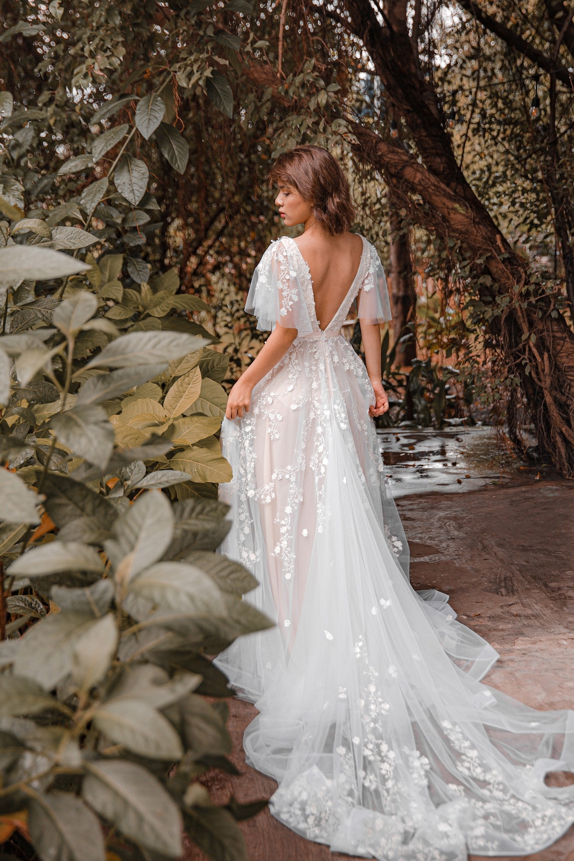SOPHIA Blush wedding dress with flutter sleeve image 1