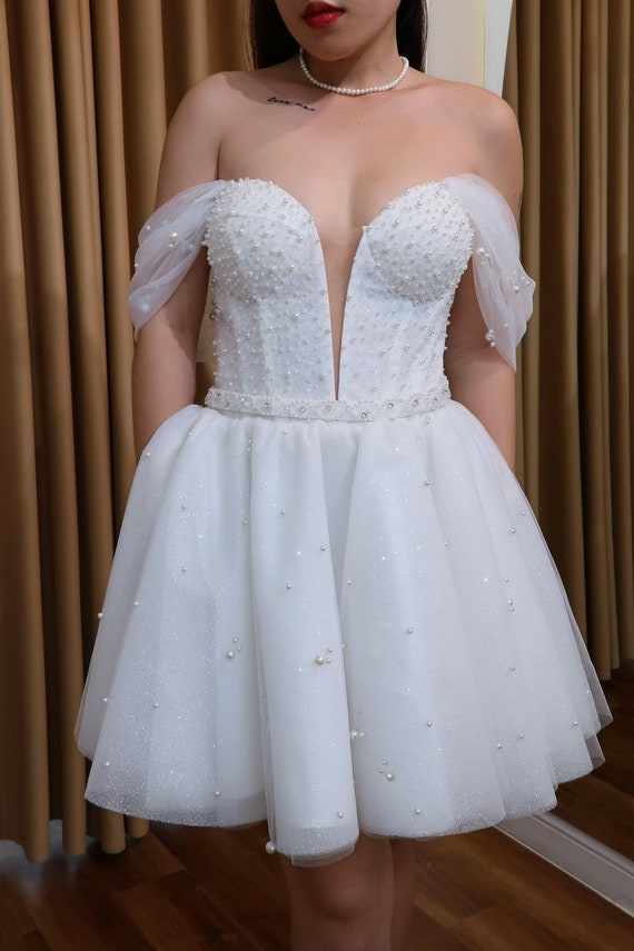 Mini wedding dress with bling - Corset bodice short A-line bridal gown with pearls and glitter for elopement and reception - (EDEN)