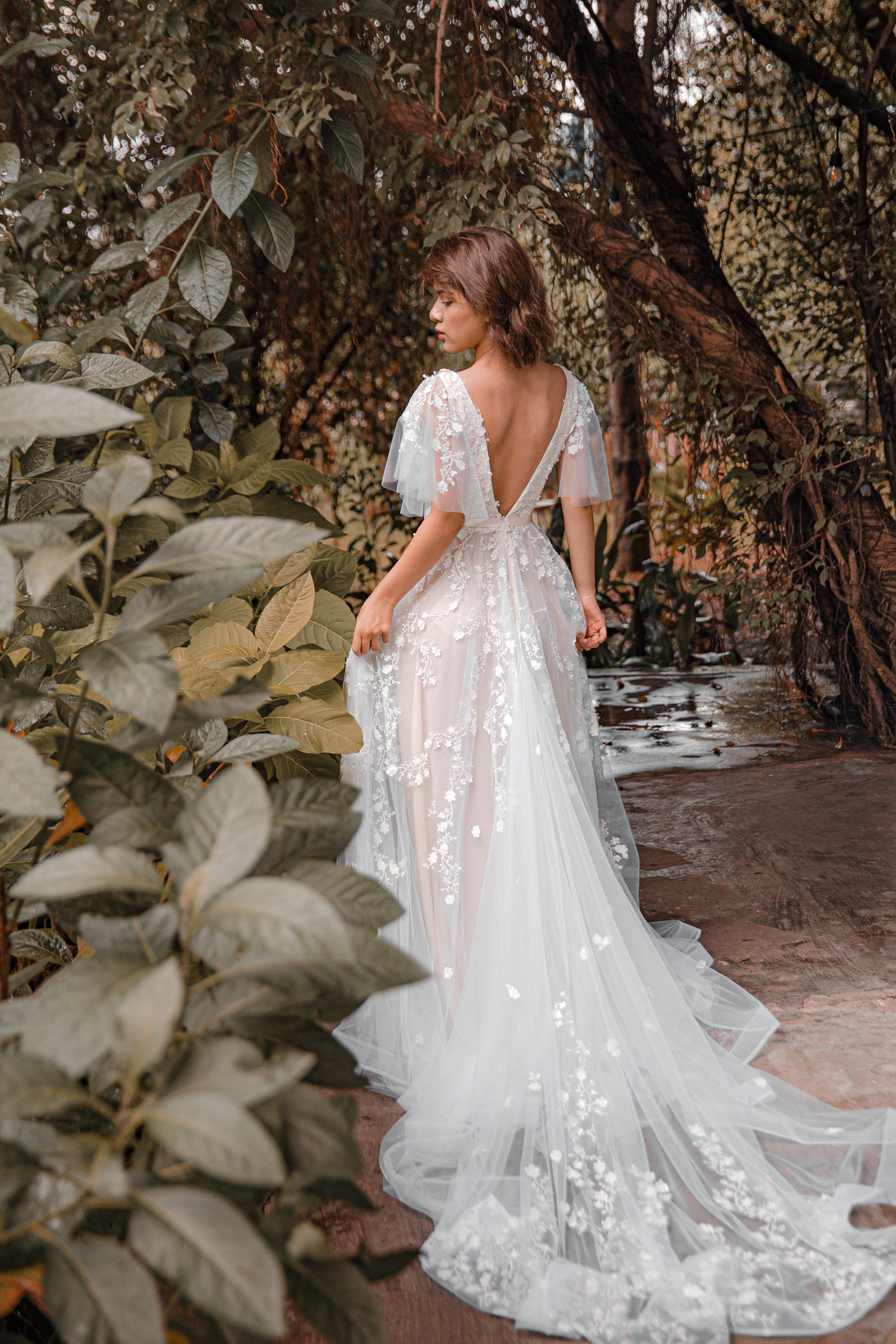 Floral A-Line Wedding Dress with Flutter Sleeves, V-Neck and Open V-Back for Outdoor Summer or Autumn Wedding or Elopement (SOPHIA)