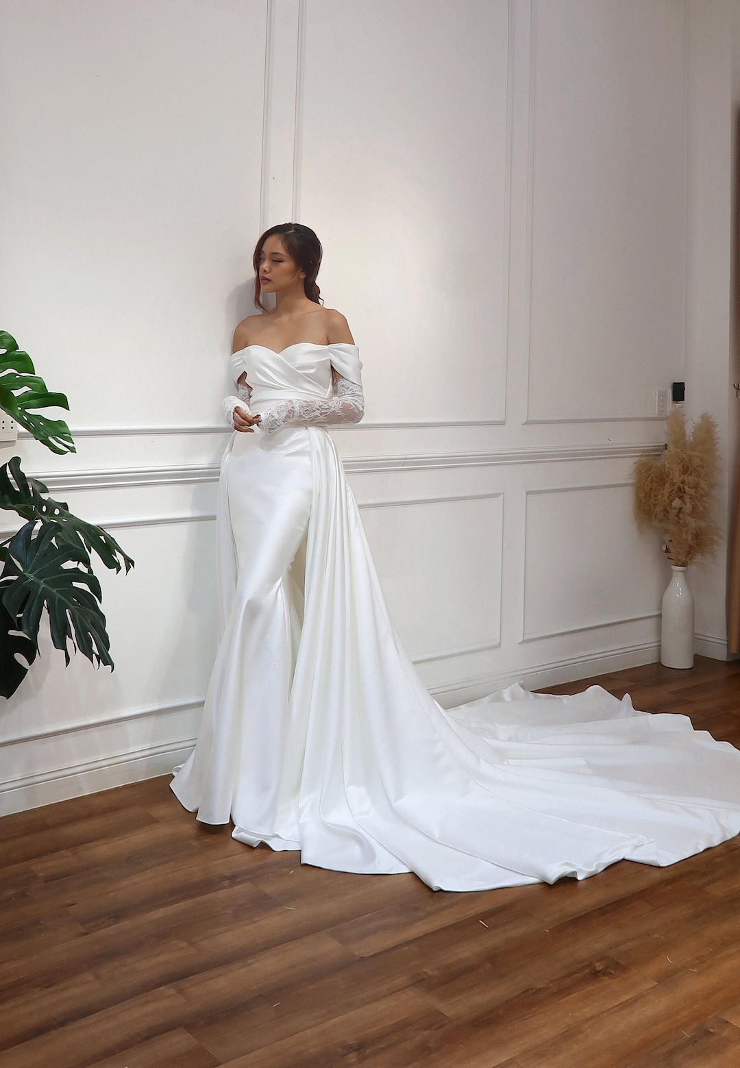 Silk Mermaid Wedding Dress With Draped Bodice, Detachable Off-shoulder ...