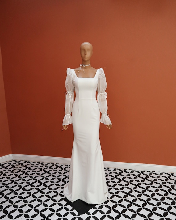 Crepe Wedding Gown in Fitted Silhouette with Statement Sleeves/ Minimalist Elopement, Reception Bridal Dress with Square Neck - (DELILAH)