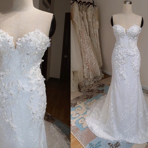RILEY - Strapless fit flare wedding dress/ Bling glam bridal style with 3D flower lace for summer/ Sequin mermaid gown/ Sweetheart neckline
