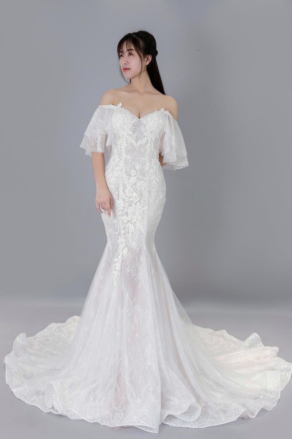 lace flutter sleeve wedding dress