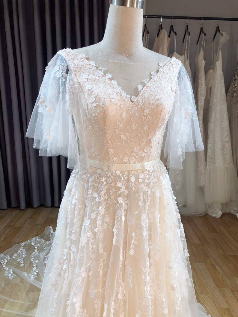 SOPHIA Vintage blush wedding dress with flutter sleeve open | Etsy