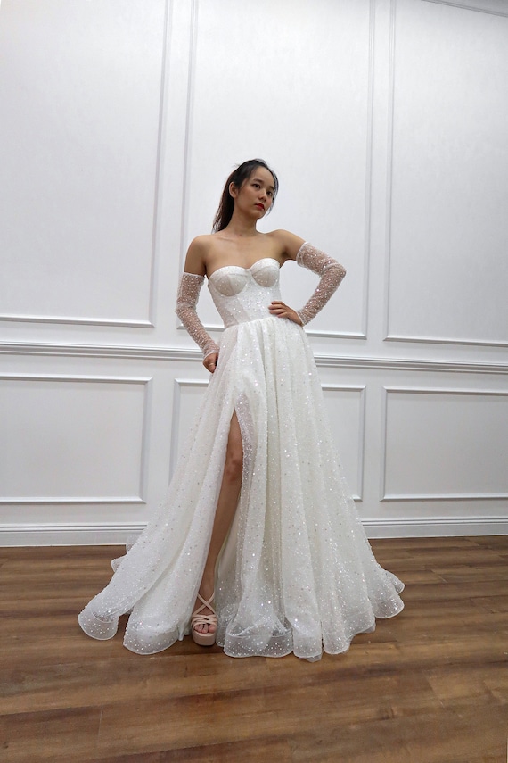 Sparkle Sequin Pearl Beading Wedding Dress in A-line Silhouette With Slit &  Detachable Long Sleeves for Glamorous Bride - Etsy Israel