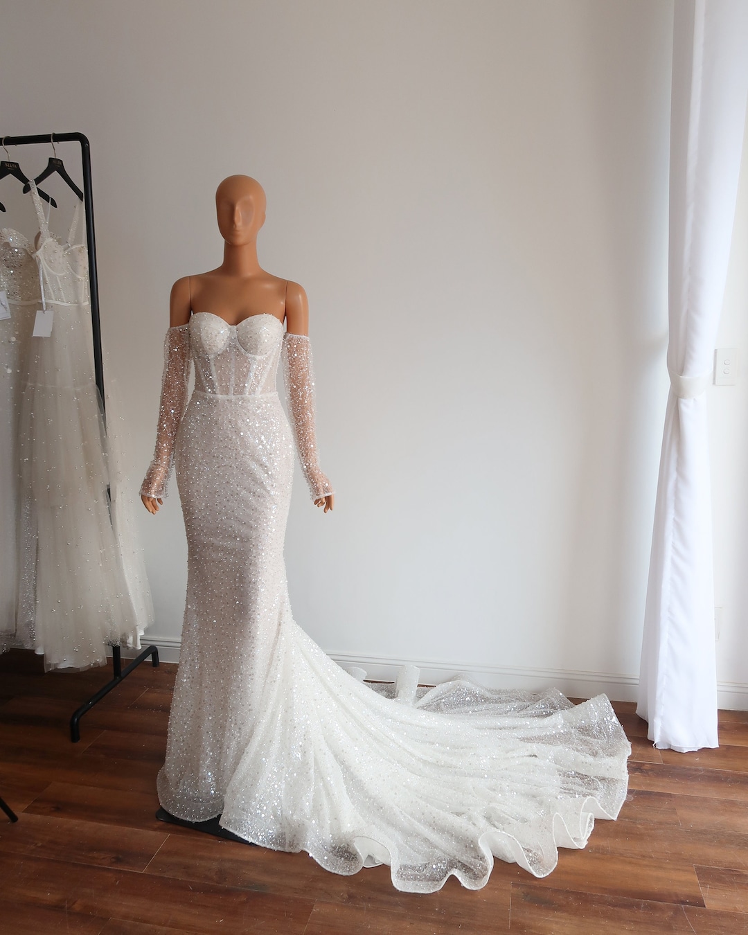 Sparkle Pearl Beading Wedding Dress with Detachable Sleeves/ Exposed Boning Corset Mermaid Bridal Gown for Modern Bride - [ORA]