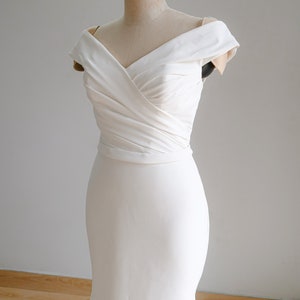 Silk Crepe Wedding Dress with Off The Shoulder Draping Bodice, Fit Flare Skirt for Elegant Minimalist Bride/ Chic Bridal Style - (ELIN)