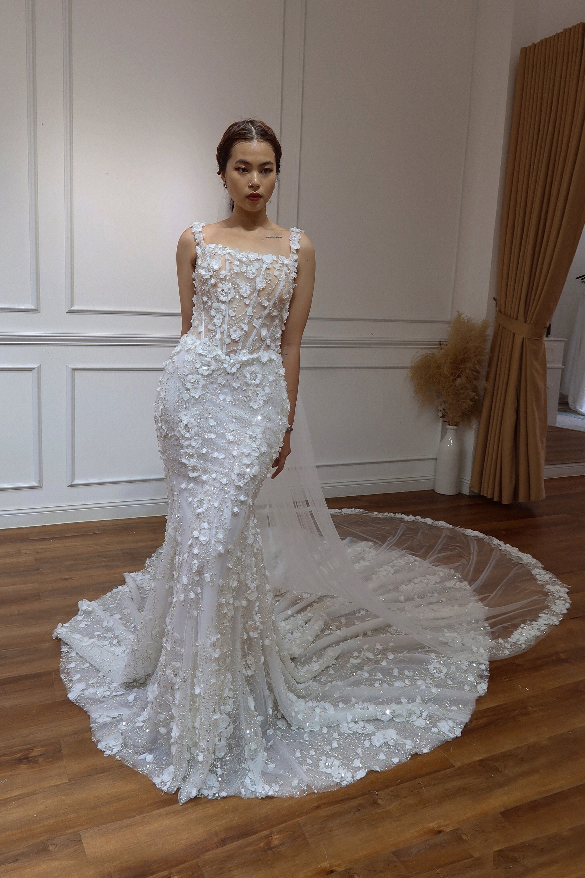 Fit & Flare Basque Waist Wedding Dress for Glamorous Bride, Square Neck, Scoop Back, Corset Bodice, Sparkle 3D Floral Lace | Vera