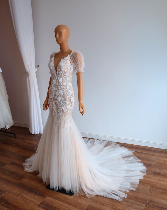 blush mermaid wedding dresses Blush Ivory Mermaid Wedding Dress With 3d Floral Embroidery And Long Train Lace-up Back on Luulla