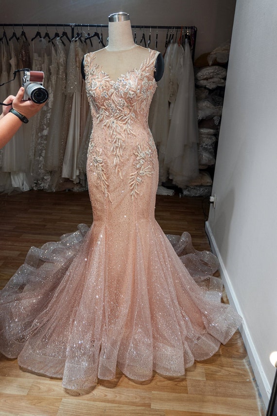 wedding dress with rose gold accents