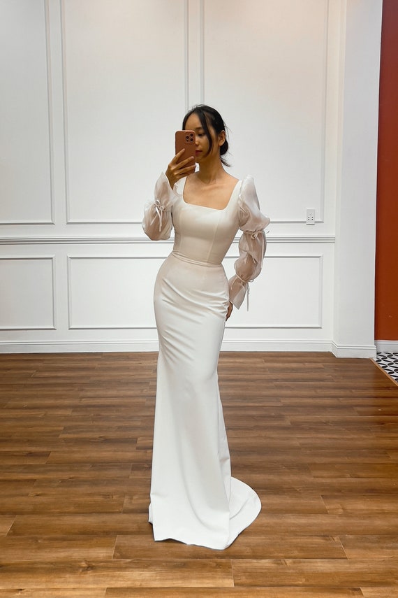 DELILAH - Fit and flare Crepe wedding dress with statement sleeves/ Simple reception bridal gown with square scoop neck
