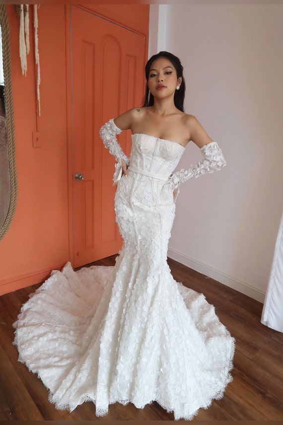 Straight Neck Mermaid Wedding Dress with 3D Flower Lace Allover, Detachable  Off Shoulder Bell Sleeve Corset Back Couture Bridal (YANA)