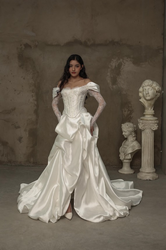 aliexpress satin corset basque waist long wedding dress Satin Wedding Dress With Corset Bodice, Basque Waist, A-line Skirt and Train, Elegant Bridal Gown, Minimalist Strapless Dress