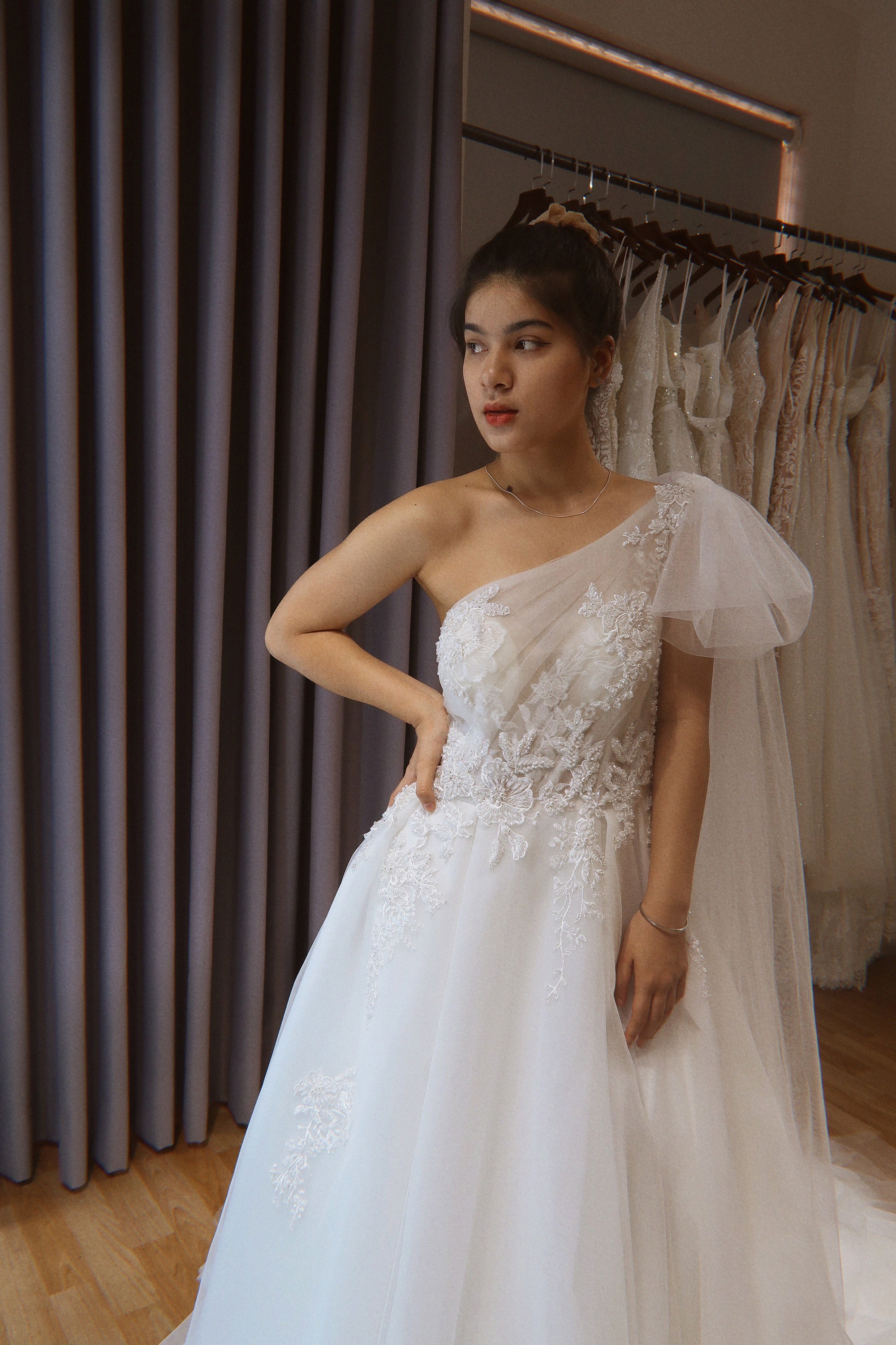 layered tulle one-shoulder a-line wedding dress One shoulder wedding dress with side cape 8 US / Lavender