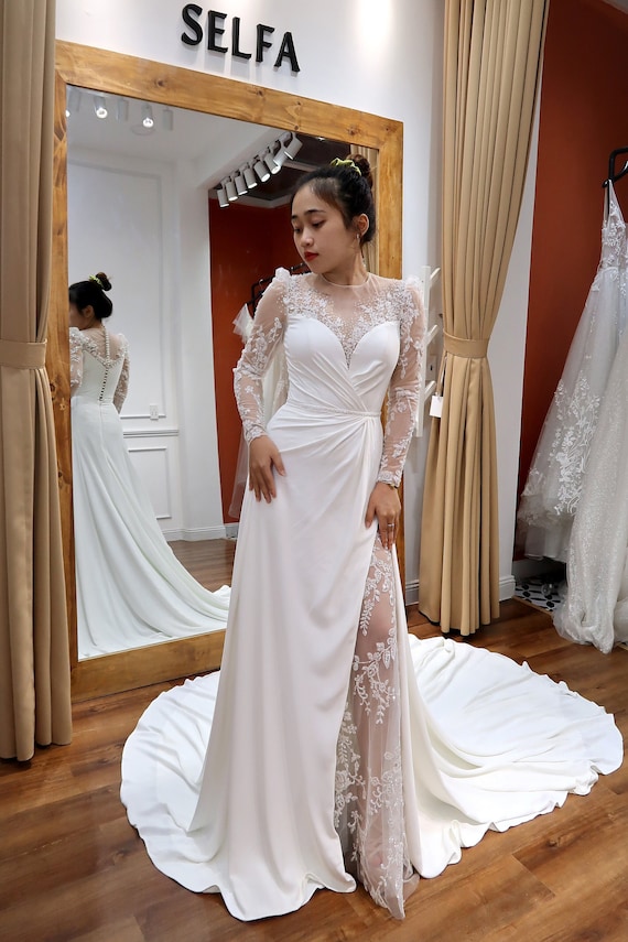 chinese dress ladies Long Sleeve Lace Applique Wedding Dresses A-Line Bridal Dresses W0043 As Pictured / Custom Size