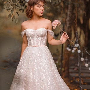 Blush Pink Corset Wedding Dress With Detachable off the Shoulder ...