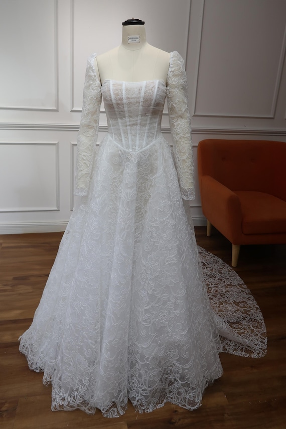 Basque A-line Wedding Dress, Drop Waist Lace Bridal Gown with Straight Neckline Bodice, Corset Back, Detachable Sleeves | ESTEE