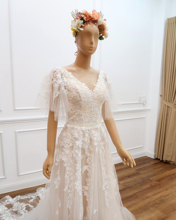 princess polly baby blue dress Simple Solid Jewel Neck A-Line Flutter Sleeves Wedding Bride Dress with  Sash Reception