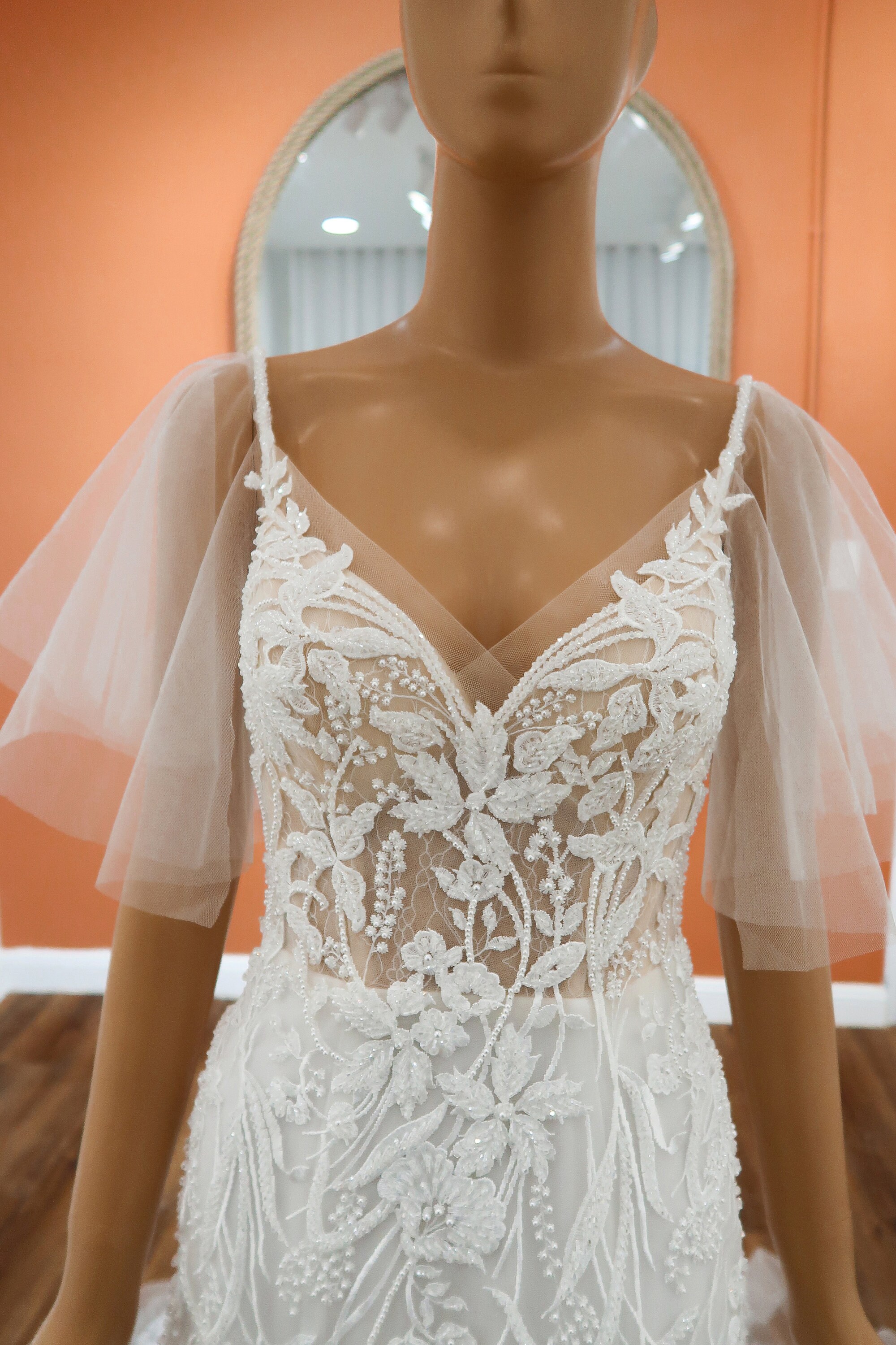 off the shoulder a-line dress astr the label Chic Lace Modified A-Line Wedding Dress