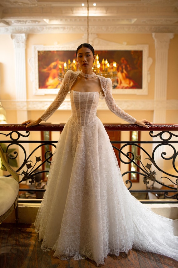 Basque A-line Wedding Dress, Drop Waist Lace Bridal Gown with Straight Neckline Bodice, Corset Back, Detachable Sleeves | ESTEE Basque A-line Wedding Dress, Drop Waist Lace Bridal Gown with Straight Neckline Bodice, Corset Back, Detachable Sleeves | ESTEE