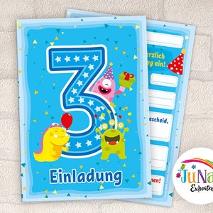 Einladungskarten zum 3. Geburtstag Mädchen Jungen lustige Monster Einladungen dritte Geburtstag Kindergeburtstag (für 6 bis 12 Personen)