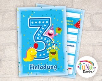 Einladungskarten zum 3. Geburtstag Mädchen Jungen lustige Monster Einladungen dritte Geburtstag Kindergeburtstag (für 6 bis 12 Personen)