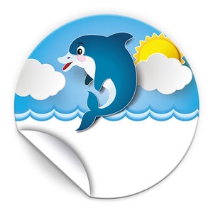 Aufkleber Delfin Schwimmbad für Geschenkverpackung, 4 cm/rund (Set aus 12, 16, 24, 36, 48, 60, 72 oder 96 Stück)
