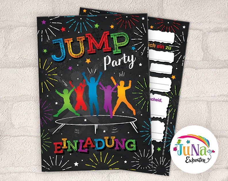 Einladungskarten zum Kindergeburtstag Jump Trampolin Mädchen Jungen Einladungen zum Geburtstag Batut für 6 bis 12 Personen Variante Nr. 1