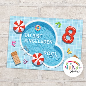 Einladungskarten zum 8. Kindergeburtstag Mädchen Jungen Schwimmbad Einladungen achte Geburtstag Kinder Pool-Party  (für 6 bis 12 Personen)