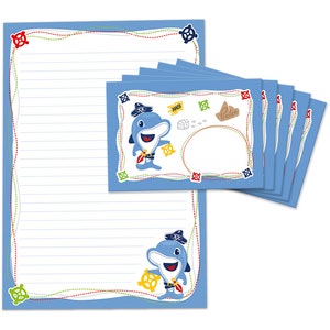 Briefpapier als Notizblock + 15 Briefumschläge Delfin Pirat Kindermotiv