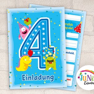 Einladungskarten zum 4. Geburtstag Mädchen Jungen lustige Monster Einladungen vierte Geburtstag Kindergeburtstag (für 6 bis 12 Personen)