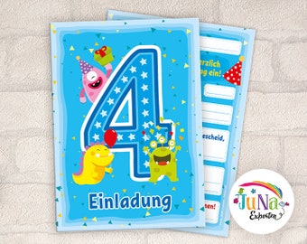 Einladungskarten zum 4. Geburtstag Mädchen Jungen lustige Monster Einladungen vierte Geburtstag Kindergeburtstag (für 6 bis 12 Personen)