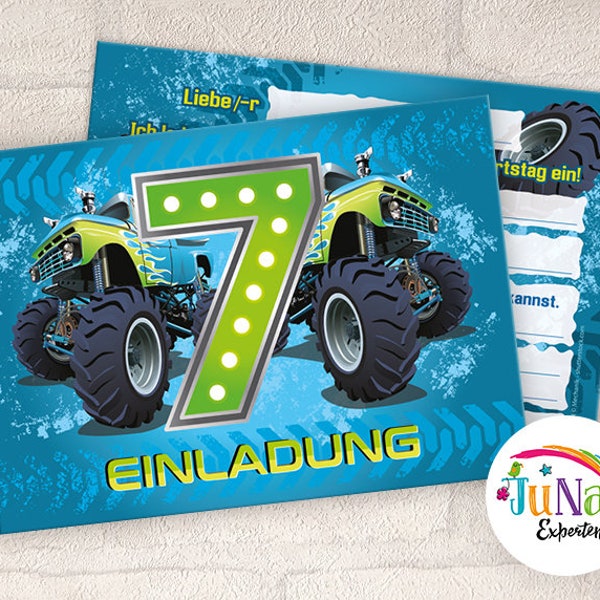 Einladungskarten zum 7. Kindergeburtstag Monster-Truck Jungen Einladungen zum siebten Geburtstag Kinder (für 6 bis 12 Personen)