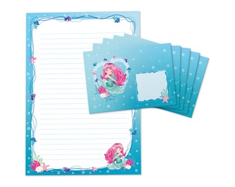 Stationery as notepad + 15 envelopes mermaid child motif