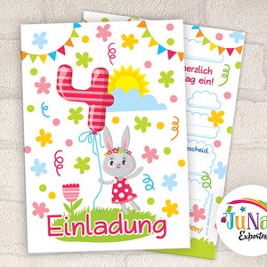 Einladungskarten zum 4. Geburtstag Mädchen Hase Einladungen vierte Geburtstag Kindergeburtstag (für 6 bis 12 Personen)