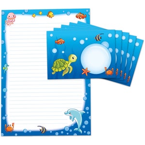 Briefpapier als Notizblock + 15 Briefumschläge Delfin blau Kindermotiv