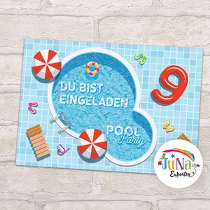 Einladungskarten zum 9. Kindergeburtstag Mädchen Jungen Schwimmbad Einladungen neunte Geburtstag Kinder Pool-Party  (für 6 bis 12 Personen)