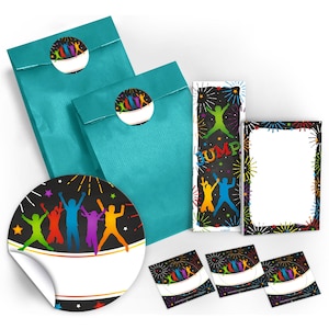 Mitgebsel Gastgeschenke Kindergeburtstag Jump Geschenktüten + Aufkleber + Lesezeichen + Notizblöcke Mädchen Jungen Trampolin