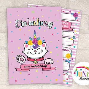 Einladungskarten zum Kindergeburtstag Einhorn Unicorn Katze Einladungen Geburtstag Kinder (für 6 bis 12 Personen)