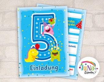 Einladungskarten zum 5. Geburtstag Mädchen Jungen lustige Monster Einladungen fünfte Geburtstag Kindergeburtstag (für 6 bis 12 Personen)