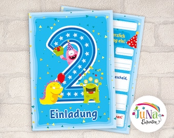 Einladungskarten zum 2. Geburtstag Mädchen Jungen lustige Monster Einladungen zweite Geburtstag Kindergeburtstag ( für 6 bis 12 Personen)