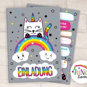 Einladungskarten zum Kindergeburtstag Einhorn Unicorn Katze Einladungen Geburtstag Kinder (für 6 bis 12 Personen)