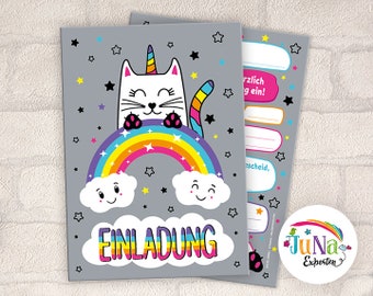 Einladungskarten zum Kindergeburtstag Einhorn Unicorn Katze Einladungen Geburtstag Kinder (für 6 bis 12 Personen)