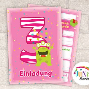 Einladungskarten zum 3. Geburtstag Mädchen lustige Monster Einladungen dritte Geburtstag Kindergeburtstag (für 6 bis 12 Personen)