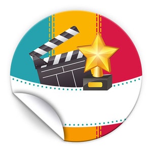 Aufkleber Kino Etiketten für Geschenkverpackung, 4 cm/rund (Set aus 12, 16, 24, 36, 48, 60, 72 oder 96 Stück)