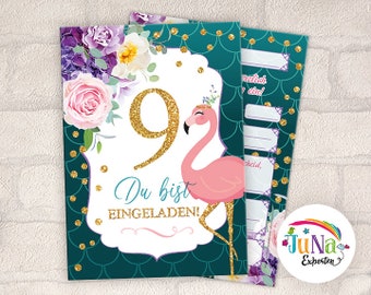 Einladungskarten zum 9. Kindergeburtstag Mädchen Flamingo Einladungen zum neunten Geburtstag Kinder (für 6 bis 12 Personen)